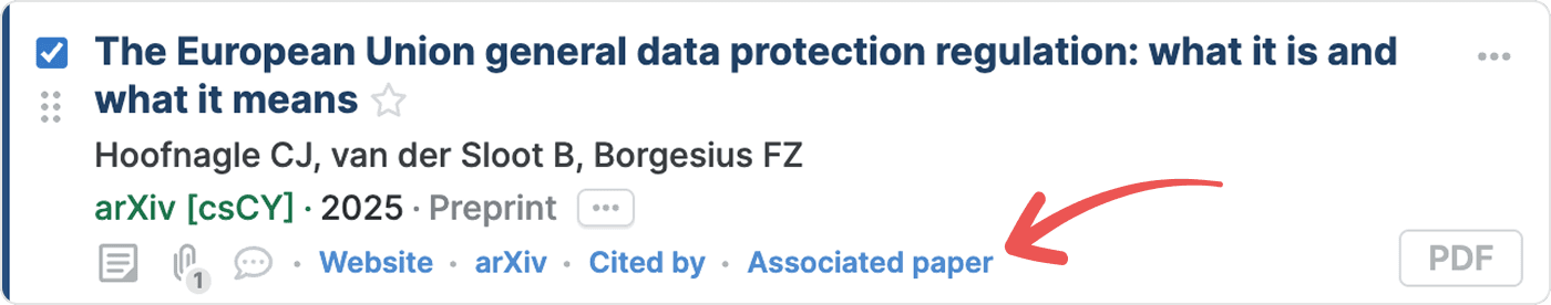 An arXiv preprint reference with an arrow pointing to the Associated paper link, shown alongside Website, arXiv and Cited by.
